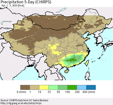 China, Mongolia and Taiwan Precipitation 5-Day (CHIRPS) Thematic Map For 4/1/2020 - 4/5/2020