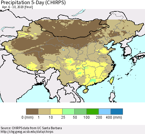 China, Mongolia and Taiwan Precipitation 5-Day (CHIRPS) Thematic Map For 4/6/2020 - 4/10/2020