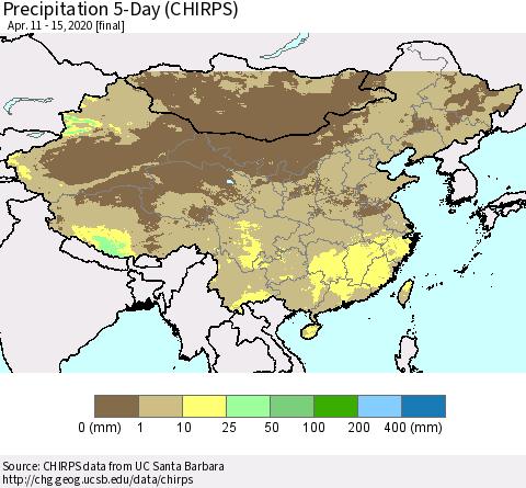 China, Mongolia and Taiwan Precipitation 5-Day (CHIRPS) Thematic Map For 4/11/2020 - 4/15/2020