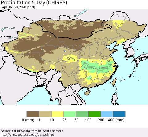 China, Mongolia and Taiwan Precipitation 5-Day (CHIRPS) Thematic Map For 4/16/2020 - 4/20/2020