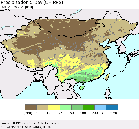 China, Mongolia and Taiwan Precipitation 5-Day (CHIRPS) Thematic Map For 4/21/2020 - 4/25/2020