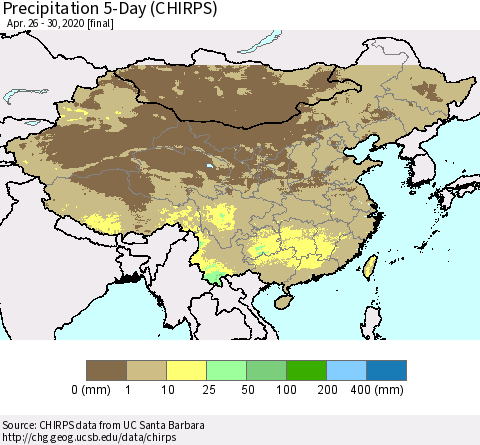 China, Mongolia and Taiwan Precipitation 5-Day (CHIRPS) Thematic Map For 4/26/2020 - 4/30/2020