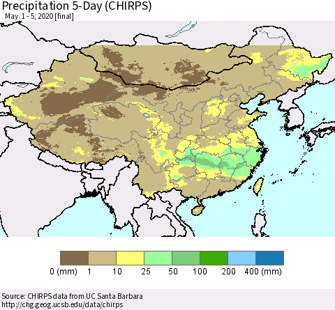 China, Mongolia and Taiwan Precipitation 5-Day (CHIRPS) Thematic Map For 5/1/2020 - 5/5/2020