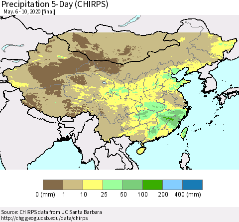 China, Mongolia and Taiwan Precipitation 5-Day (CHIRPS) Thematic Map For 5/6/2020 - 5/10/2020