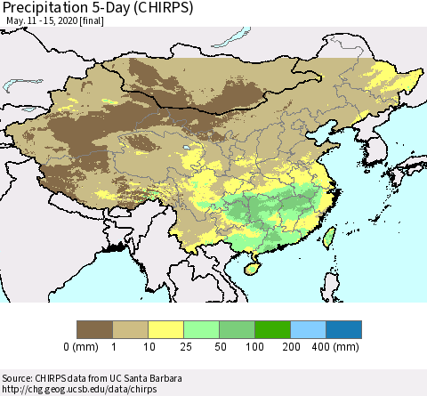 China, Mongolia and Taiwan Precipitation 5-Day (CHIRPS) Thematic Map For 5/11/2020 - 5/15/2020