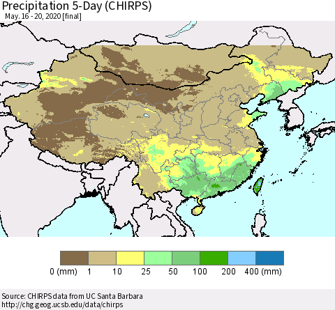 China, Mongolia and Taiwan Precipitation 5-Day (CHIRPS) Thematic Map For 5/16/2020 - 5/20/2020