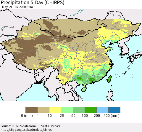 China, Mongolia and Taiwan Precipitation 5-Day (CHIRPS) Thematic Map For 5/21/2020 - 5/25/2020