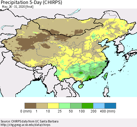 China, Mongolia and Taiwan Precipitation 5-Day (CHIRPS) Thematic Map For 5/26/2020 - 5/31/2020