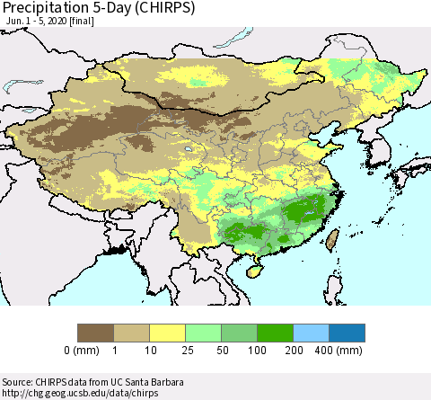 China, Mongolia and Taiwan Precipitation 5-Day (CHIRPS) Thematic Map For 6/1/2020 - 6/5/2020