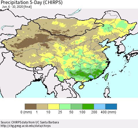 China, Mongolia and Taiwan Precipitation 5-Day (CHIRPS) Thematic Map For 6/6/2020 - 6/10/2020