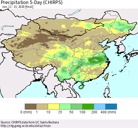 China, Mongolia and Taiwan Precipitation 5-Day (CHIRPS) Thematic Map For 6/11/2020 - 6/15/2020