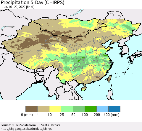 China, Mongolia and Taiwan Precipitation 5-Day (CHIRPS) Thematic Map For 6/16/2020 - 6/20/2020