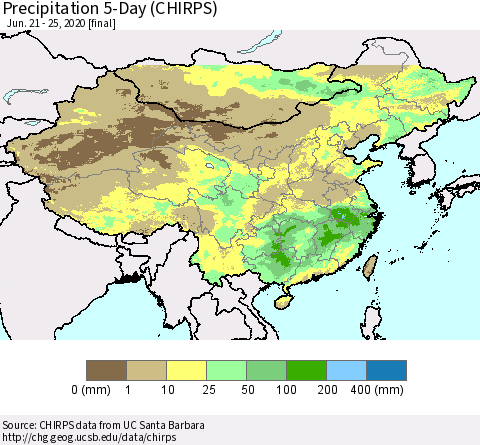 China, Mongolia and Taiwan Precipitation 5-Day (CHIRPS) Thematic Map For 6/21/2020 - 6/25/2020
