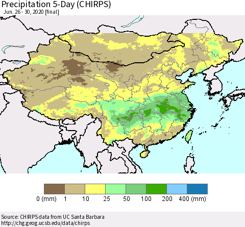 China, Mongolia and Taiwan Precipitation 5-Day (CHIRPS) Thematic Map For 6/26/2020 - 6/30/2020