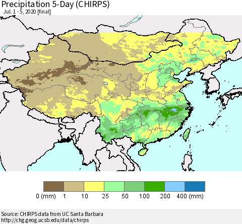 China, Mongolia and Taiwan Precipitation 5-Day (CHIRPS) Thematic Map For 7/1/2020 - 7/5/2020