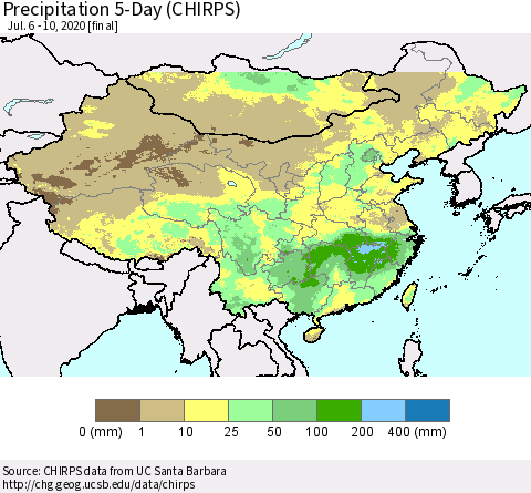 China, Mongolia and Taiwan Precipitation 5-Day (CHIRPS) Thematic Map For 7/6/2020 - 7/10/2020