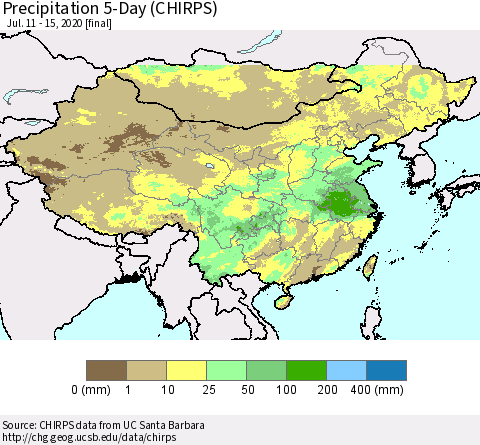 China, Mongolia and Taiwan Precipitation 5-Day (CHIRPS) Thematic Map For 7/11/2020 - 7/15/2020