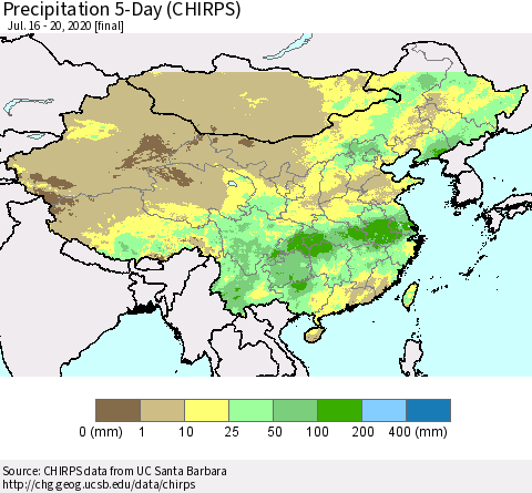 China, Mongolia and Taiwan Precipitation 5-Day (CHIRPS) Thematic Map For 7/16/2020 - 7/20/2020