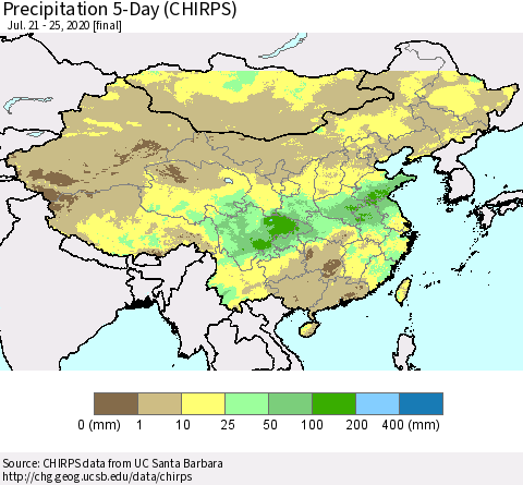 China, Mongolia and Taiwan Precipitation 5-Day (CHIRPS) Thematic Map For 7/21/2020 - 7/25/2020