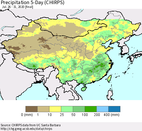 China, Mongolia and Taiwan Precipitation 5-Day (CHIRPS) Thematic Map For 7/26/2020 - 7/31/2020