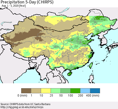 China, Mongolia and Taiwan Precipitation 5-Day (CHIRPS) Thematic Map For 8/1/2020 - 8/5/2020