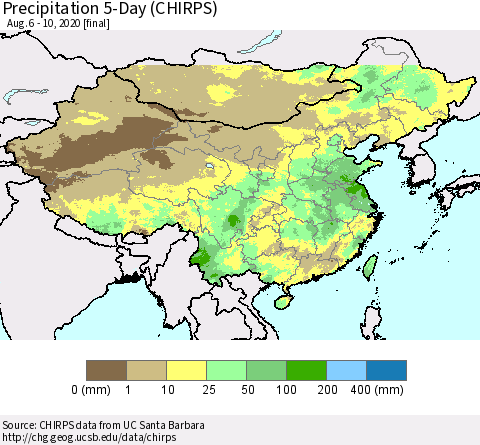 China, Mongolia and Taiwan Precipitation 5-Day (CHIRPS) Thematic Map For 8/6/2020 - 8/10/2020