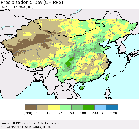 China, Mongolia and Taiwan Precipitation 5-Day (CHIRPS) Thematic Map For 8/11/2020 - 8/15/2020