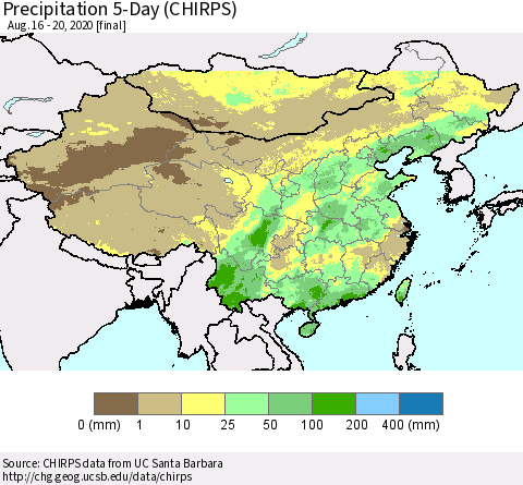 China, Mongolia and Taiwan Precipitation 5-Day (CHIRPS) Thematic Map For 8/16/2020 - 8/20/2020