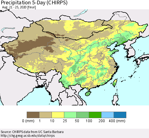 China, Mongolia and Taiwan Precipitation 5-Day (CHIRPS) Thematic Map For 8/21/2020 - 8/25/2020