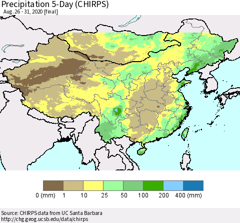 China, Mongolia and Taiwan Precipitation 5-Day (CHIRPS) Thematic Map For 8/26/2020 - 8/31/2020