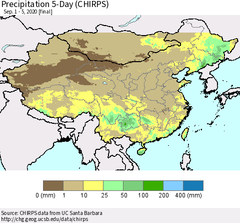 China, Mongolia and Taiwan Precipitation 5-Day (CHIRPS) Thematic Map For 9/1/2020 - 9/5/2020