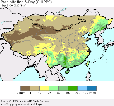 China, Mongolia and Taiwan Precipitation 5-Day (CHIRPS) Thematic Map For 9/6/2020 - 9/10/2020