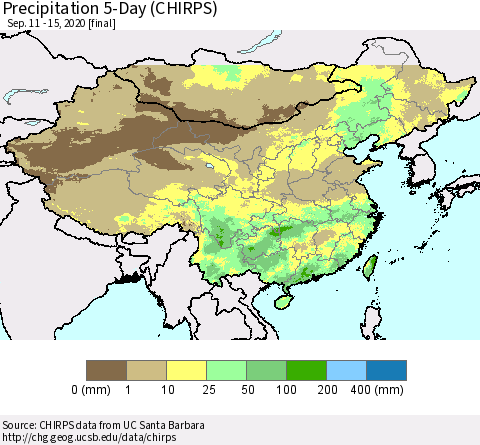 China, Mongolia and Taiwan Precipitation 5-Day (CHIRPS) Thematic Map For 9/11/2020 - 9/15/2020