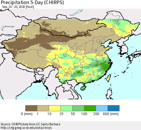 China, Mongolia and Taiwan Precipitation 5-Day (CHIRPS) Thematic Map For 9/16/2020 - 9/20/2020