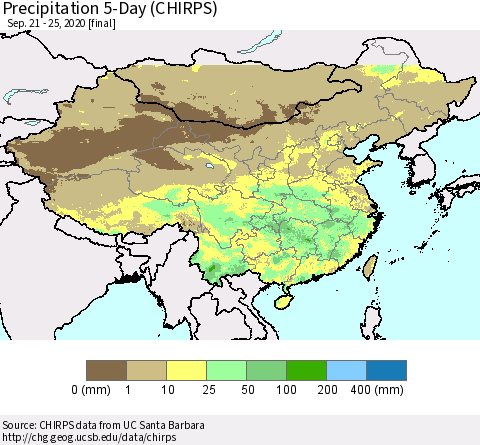 China, Mongolia and Taiwan Precipitation 5-Day (CHIRPS) Thematic Map For 9/21/2020 - 9/25/2020