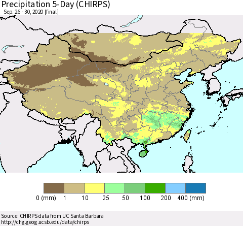China, Mongolia and Taiwan Precipitation 5-Day (CHIRPS) Thematic Map For 9/26/2020 - 9/30/2020