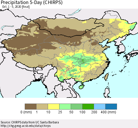 China, Mongolia and Taiwan Precipitation 5-Day (CHIRPS) Thematic Map For 10/1/2020 - 10/5/2020