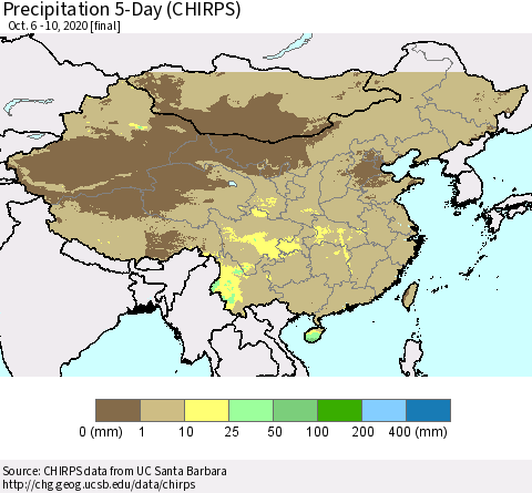 China, Mongolia and Taiwan Precipitation 5-Day (CHIRPS) Thematic Map For 10/6/2020 - 10/10/2020