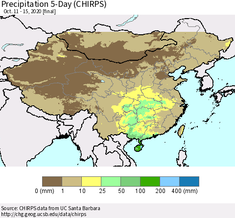 China, Mongolia and Taiwan Precipitation 5-Day (CHIRPS) Thematic Map For 10/11/2020 - 10/15/2020