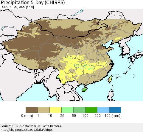 China, Mongolia and Taiwan Precipitation 5-Day (CHIRPS) Thematic Map For 10/16/2020 - 10/20/2020