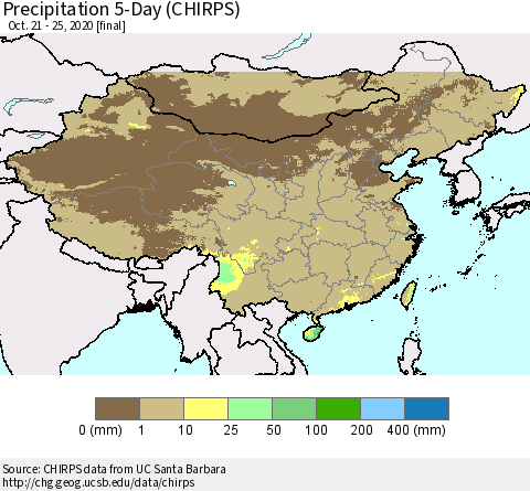 China, Mongolia and Taiwan Precipitation 5-Day (CHIRPS) Thematic Map For 10/21/2020 - 10/25/2020