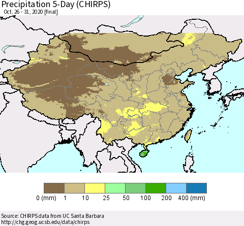 China, Mongolia and Taiwan Precipitation 5-Day (CHIRPS) Thematic Map For 10/26/2020 - 10/31/2020