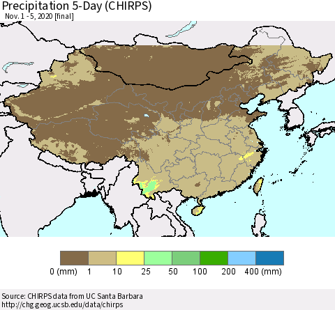 China, Mongolia and Taiwan Precipitation 5-Day (CHIRPS) Thematic Map For 11/1/2020 - 11/5/2020