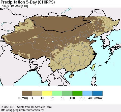 China, Mongolia and Taiwan Precipitation 5-Day (CHIRPS) Thematic Map For 11/6/2020 - 11/10/2020