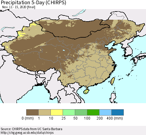 China, Mongolia and Taiwan Precipitation 5-Day (CHIRPS) Thematic Map For 11/11/2020 - 11/15/2020