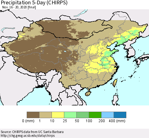 China, Mongolia and Taiwan Precipitation 5-Day (CHIRPS) Thematic Map For 11/16/2020 - 11/20/2020
