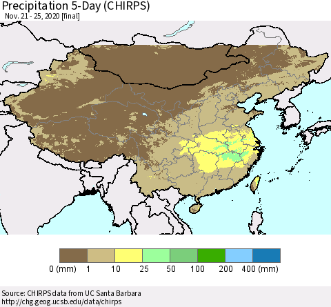 China, Mongolia and Taiwan Precipitation 5-Day (CHIRPS) Thematic Map For 11/21/2020 - 11/25/2020