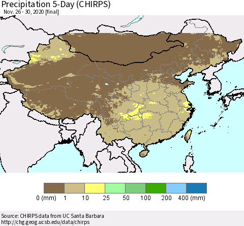 China, Mongolia and Taiwan Precipitation 5-Day (CHIRPS) Thematic Map For 11/26/2020 - 11/30/2020