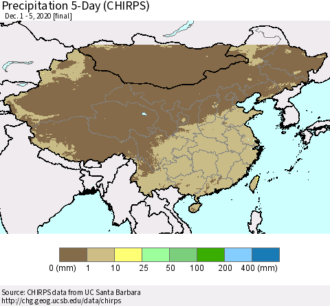 China, Mongolia and Taiwan Precipitation 5-Day (CHIRPS) Thematic Map For 12/1/2020 - 12/5/2020