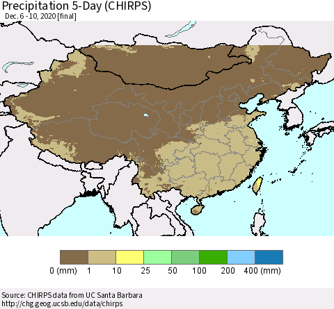China, Mongolia and Taiwan Precipitation 5-Day (CHIRPS) Thematic Map For 12/6/2020 - 12/10/2020